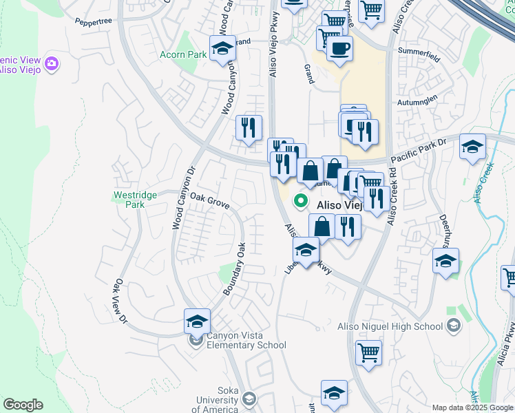 map of restaurants, bars, coffee shops, grocery stores, and more near 18 Pacific Grove Drive in Aliso Viejo