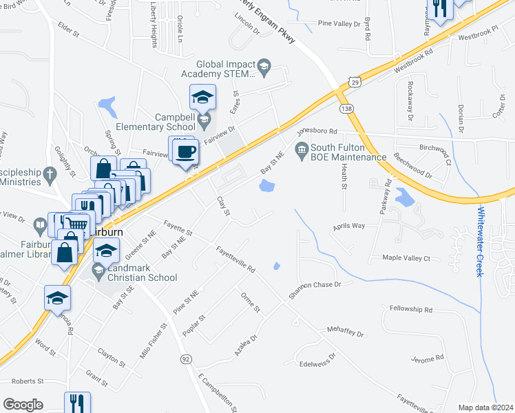 map of restaurants, bars, coffee shops, grocery stores, and more near 120 Spring Court in Fairburn