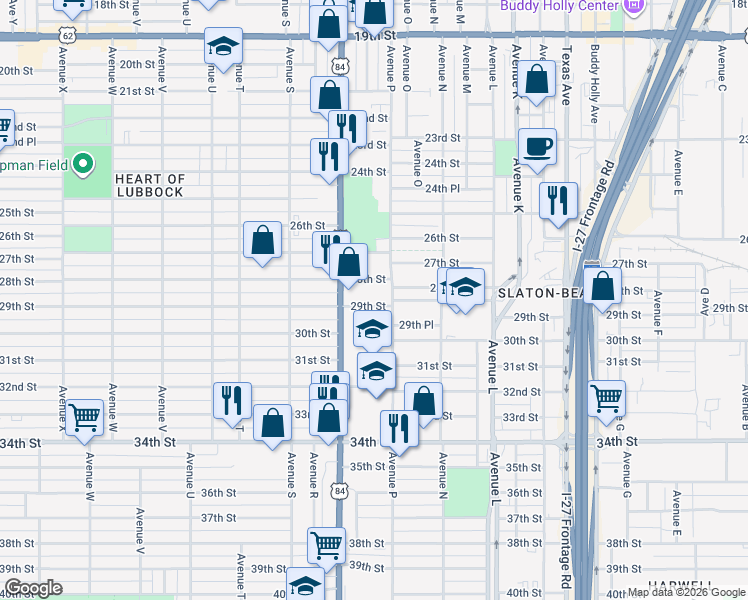 map of restaurants, bars, coffee shops, grocery stores, and more near 1614 29th Street in Lubbock