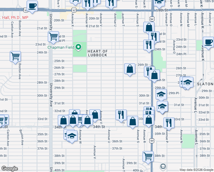 map of restaurants, bars, coffee shops, grocery stores, and more near 2114 29th Street in Lubbock