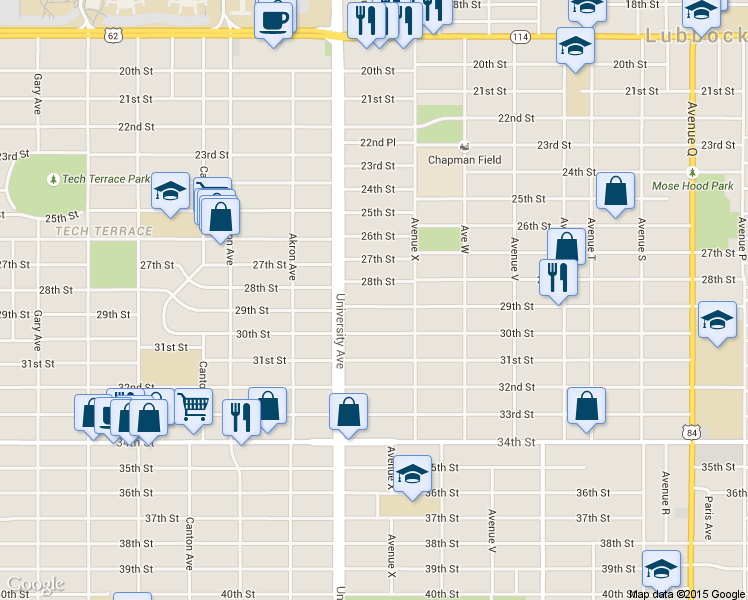map of restaurants, bars, coffee shops, grocery stores, and more near 2424 29th Street in Lubbock