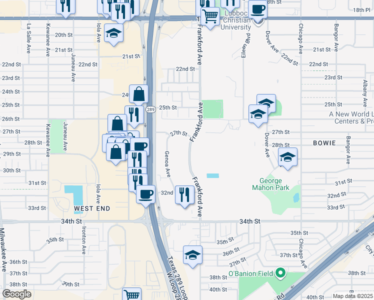 map of restaurants, bars, coffee shops, grocery stores, and more near 2702 Frankford Avenue in Lubbock