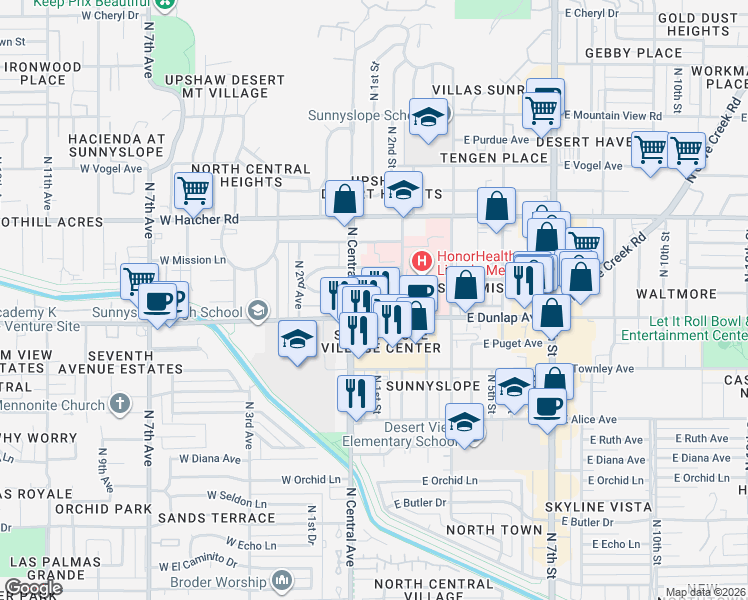 map of restaurants, bars, coffee shops, grocery stores, and more near 25 East Eva Street in Phoenix
