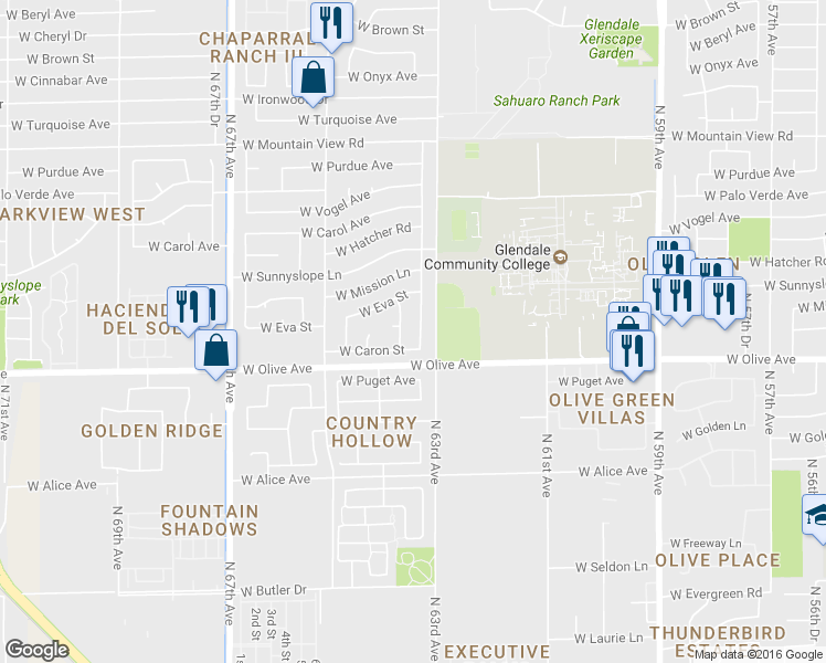 map of restaurants, bars, coffee shops, grocery stores, and more near 9027 North 63rd Drive in Glendale