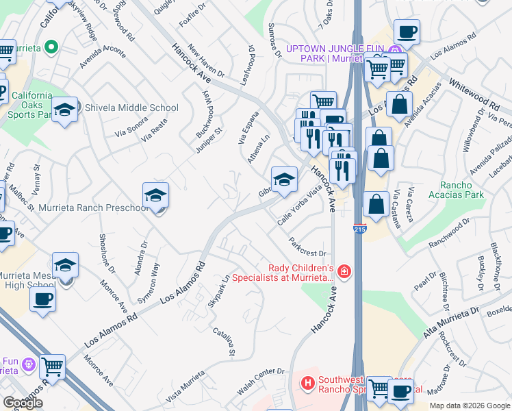 map of restaurants, bars, coffee shops, grocery stores, and more near 40105 Gibraltar Drive in Murrieta