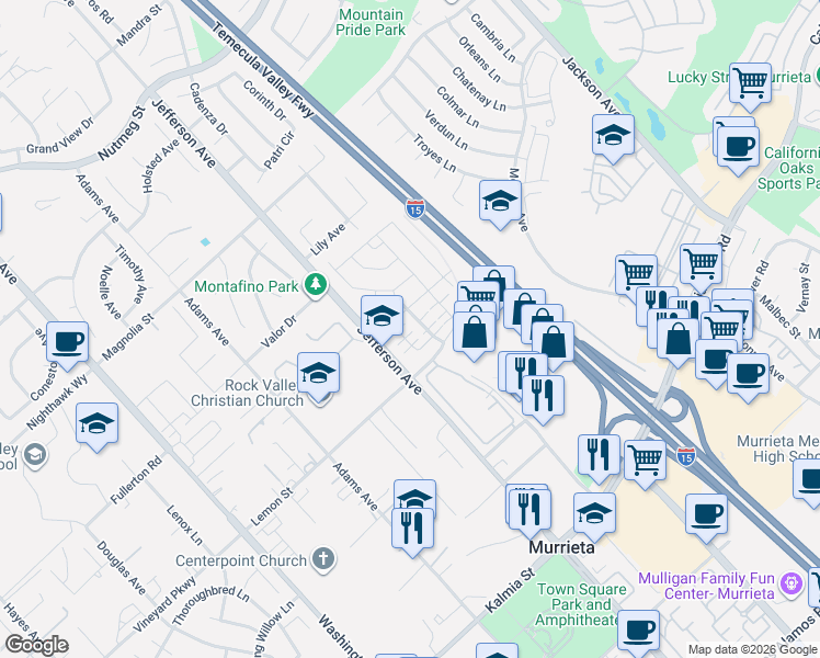 map of restaurants, bars, coffee shops, grocery stores, and more near 24237 Hazelnut Avenue in Murrieta