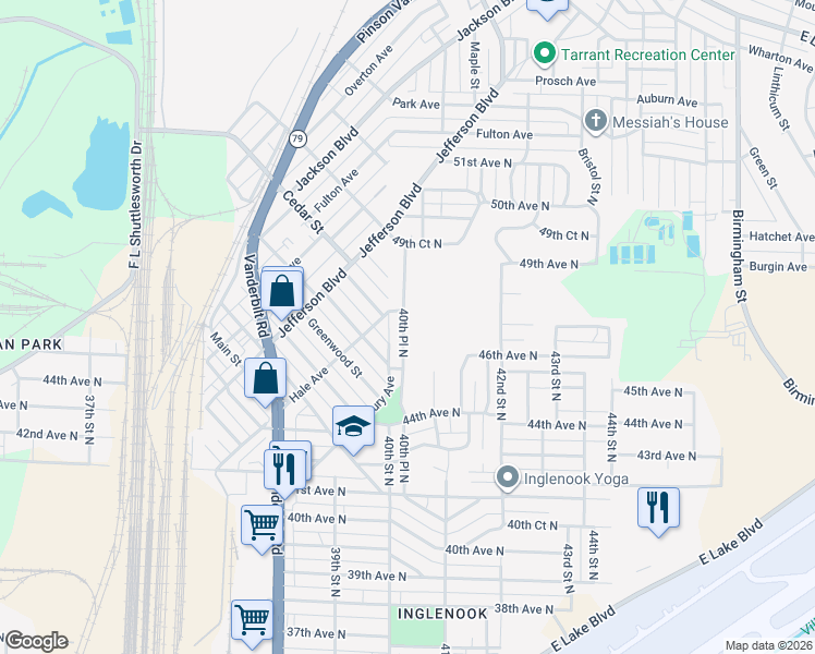 map of restaurants, bars, coffee shops, grocery stores, and more near 4541 40th Place North in Birmingham