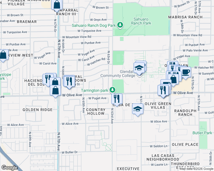 map of restaurants, bars, coffee shops, grocery stores, and more near 9027 North 63rd Drive in Glendale