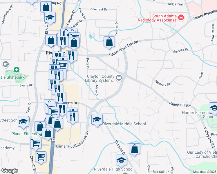 map of restaurants, bars, coffee shops, grocery stores, and more near 6824 East Sherwood Drive in Riverdale
