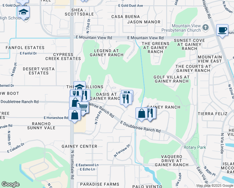 map of restaurants, bars, coffee shops, grocery stores, and more near 5244 East Gainey Ranch Road in Paradise Valley