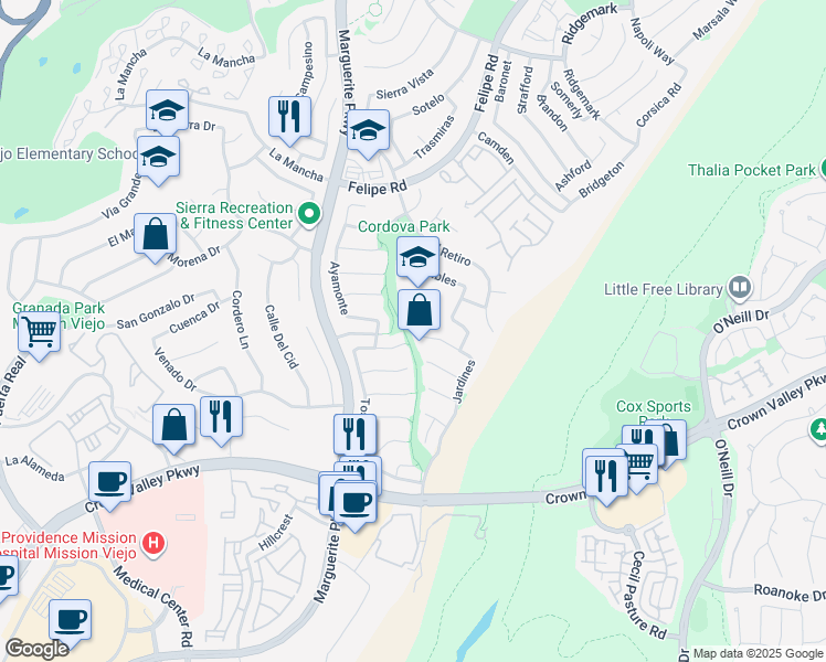 map of restaurants, bars, coffee shops, grocery stores, and more near 27211 Jardines in Mission Viejo