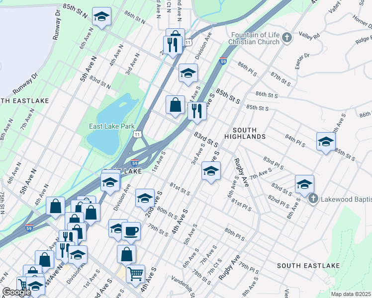 map of restaurants, bars, coffee shops, grocery stores, and more near 8213 2nd Avenue South in Birmingham