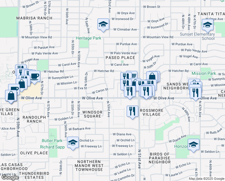 map of restaurants, bars, coffee shops, grocery stores, and more near 5237 West Caron Street in Glendale