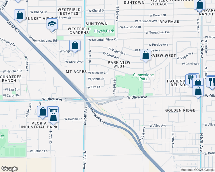 map of restaurants, bars, coffee shops, grocery stores, and more near 7327 West Eva Street in Peoria