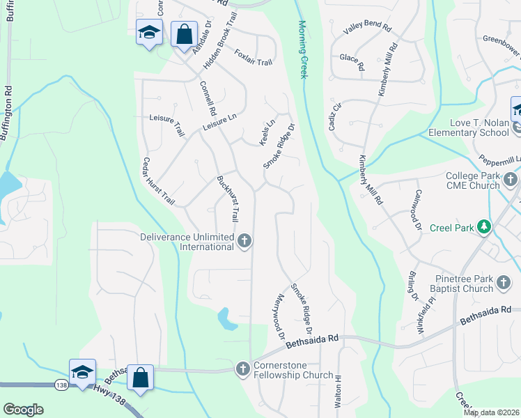 map of restaurants, bars, coffee shops, grocery stores, and more near 6877 Smoke Ridge Drive in College Park
