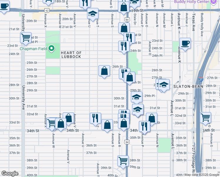map of restaurants, bars, coffee shops, grocery stores, and more near 1902 29th Street in Lubbock