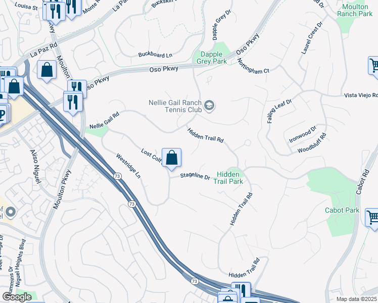 map of restaurants, bars, coffee shops, grocery stores, and more near 27171 Shenandoah Drive in Laguna Hills