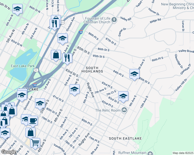 map of restaurants, bars, coffee shops, grocery stores, and more near 527 83rd Pl S in Birmingham