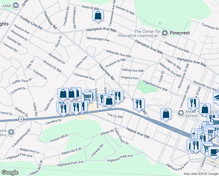 map of restaurants, bars, coffee shops, grocery stores, and more near 3000 Mohawk Drive in Aiken