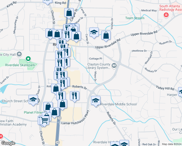 map of restaurants, bars, coffee shops, grocery stores, and more near 6828 Delta Drive in Riverdale