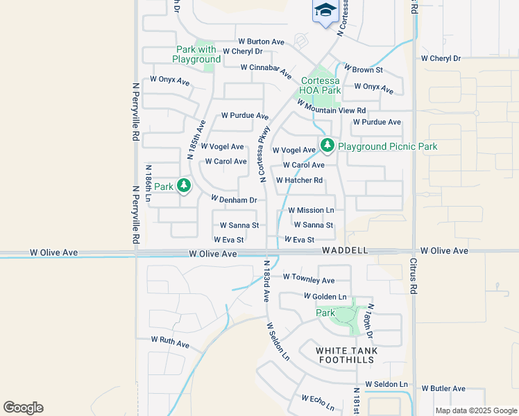 map of restaurants, bars, coffee shops, grocery stores, and more near 18326 West Mission Lane in Waddell