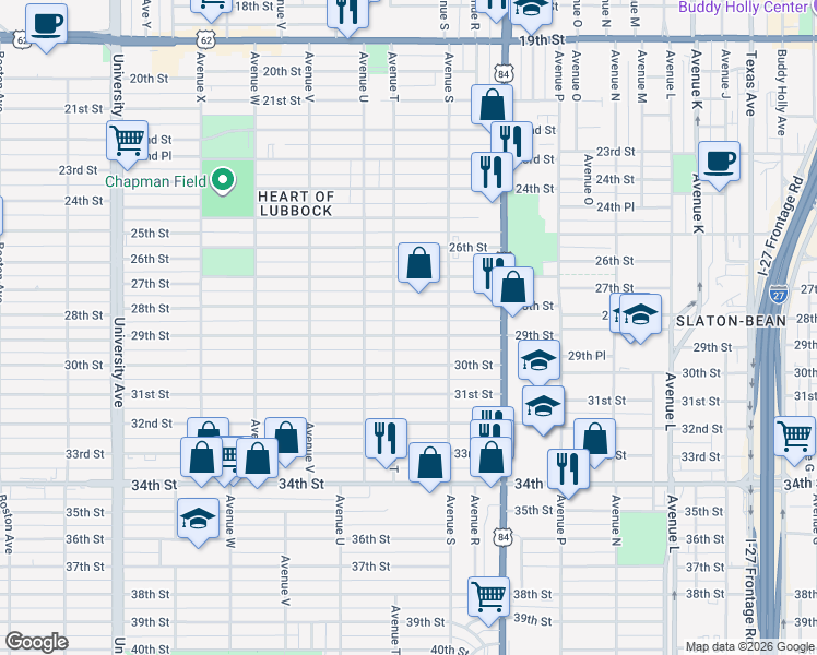 map of restaurants, bars, coffee shops, grocery stores, and more near 1920 29th St in Lubbock