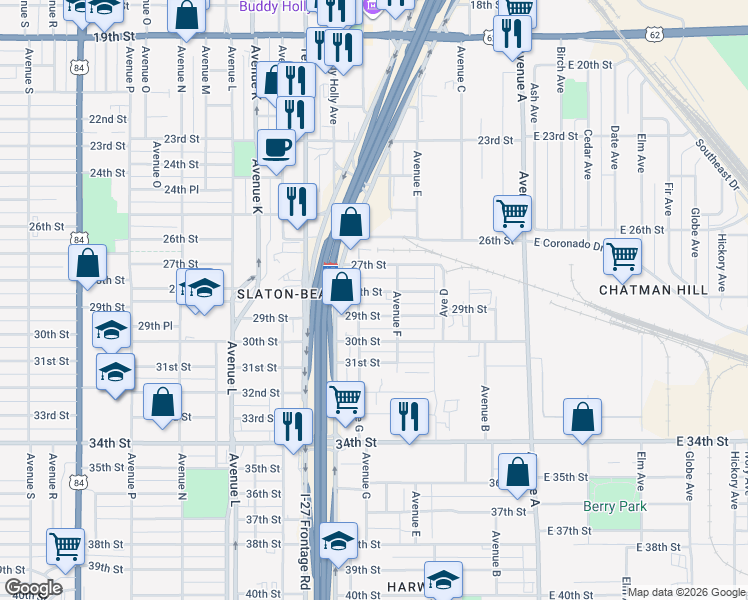 map of restaurants, bars, coffee shops, grocery stores, and more near 715 East 28th Street in Lubbock
