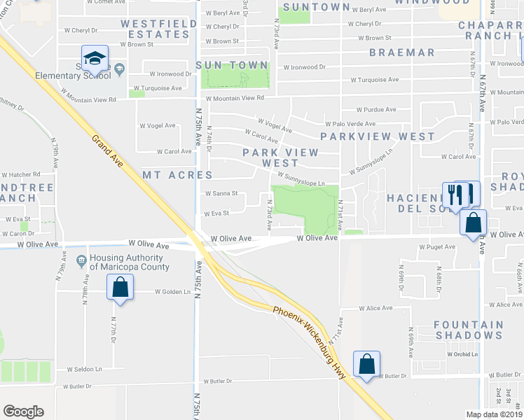 map of restaurants, bars, coffee shops, grocery stores, and more near 7327 West Eva Street in Peoria
