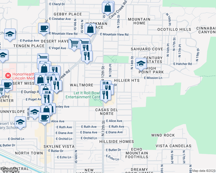 map of restaurants, bars, coffee shops, grocery stores, and more near 1219 East Eva Street in Phoenix