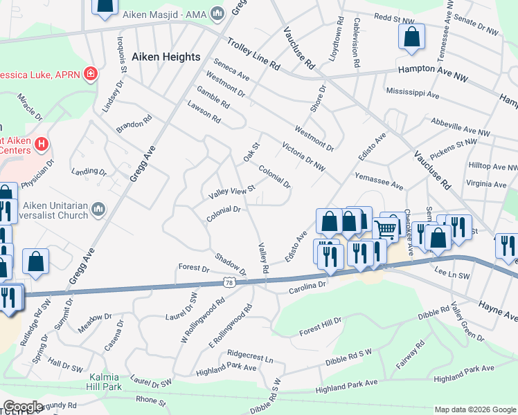 map of restaurants, bars, coffee shops, grocery stores, and more near 3304 Colonial Drive Northwest in Aiken