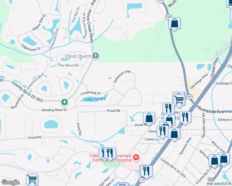 map of restaurants, bars, coffee shops, grocery stores, and more near 15 Saltwind Loop in Murrells Inlet