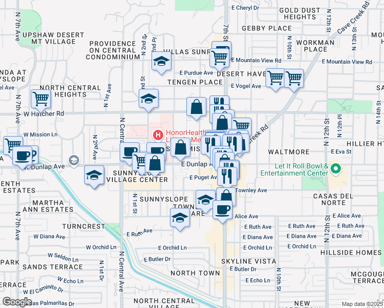 map of restaurants, bars, coffee shops, grocery stores, and more near 336 East Caron Street in Phoenix