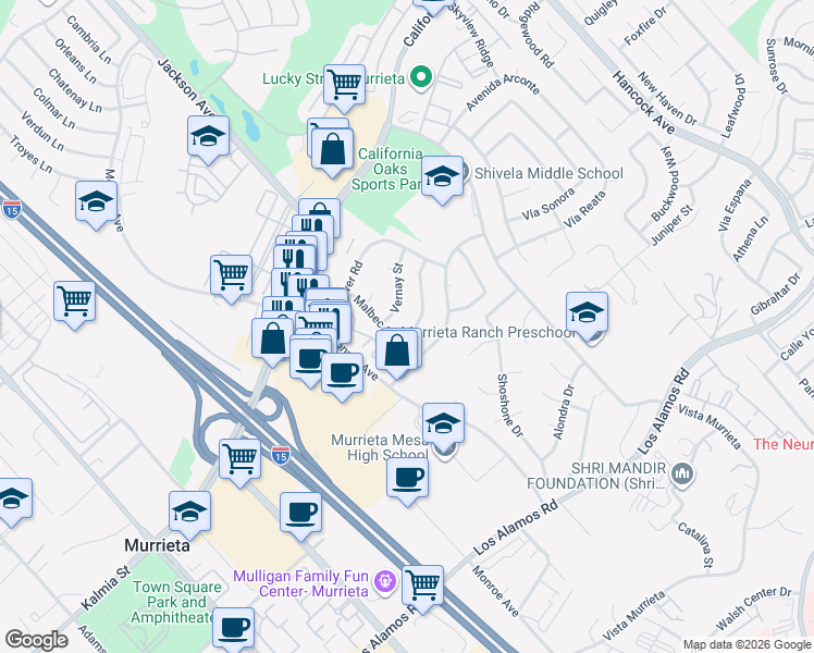 map of restaurants, bars, coffee shops, grocery stores, and more near 40691 Geyser Street in Murrieta