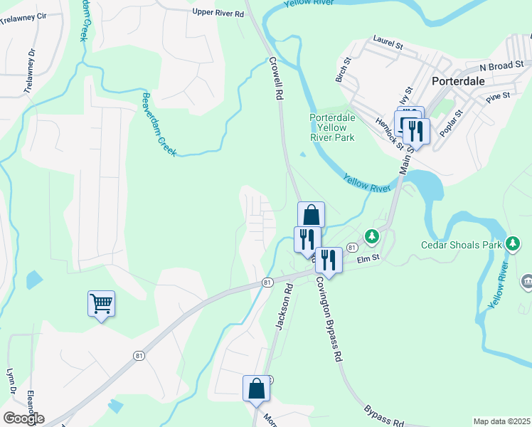 map of restaurants, bars, coffee shops, grocery stores, and more near 105 Austin Terrace in Porterdale