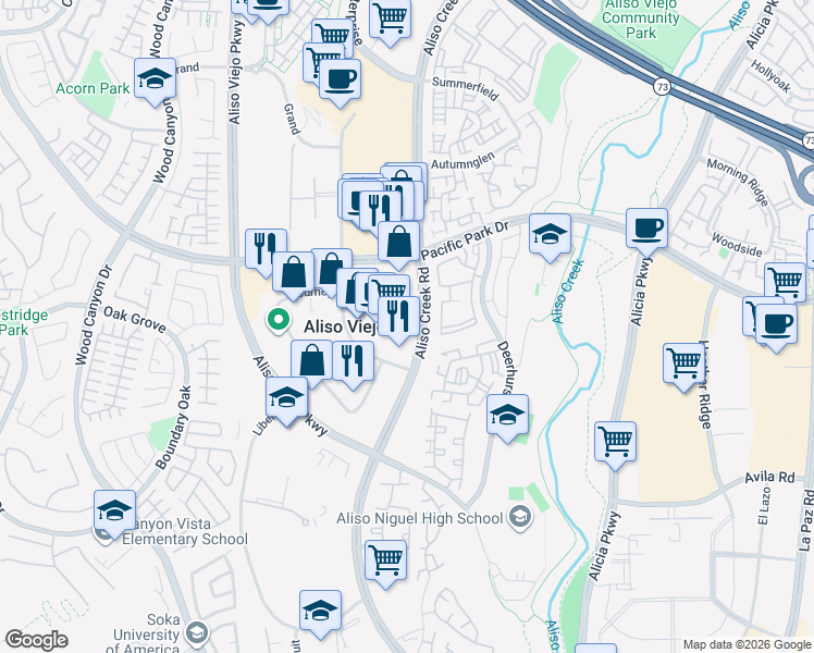 map of restaurants, bars, coffee shops, grocery stores, and more near 27121 Aliso Creek Road in Aliso Viejo