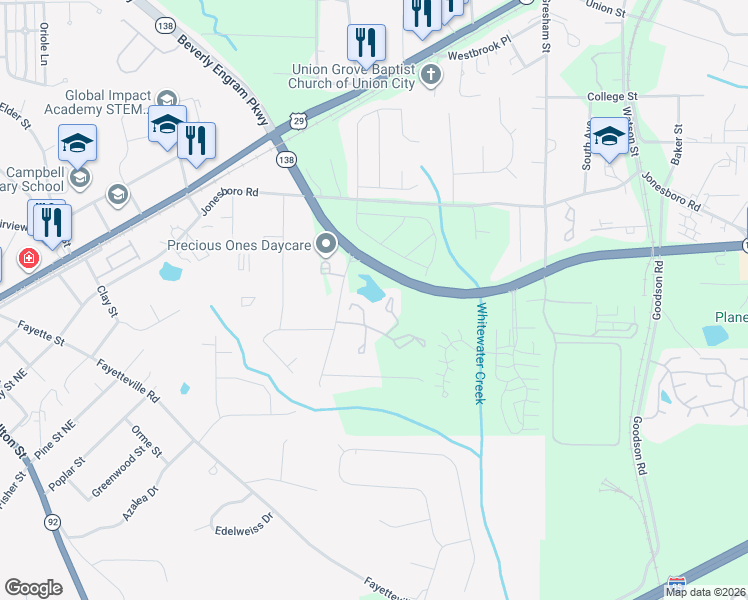 map of restaurants, bars, coffee shops, grocery stores, and more near 5300 Hwy 138 SW in Union City