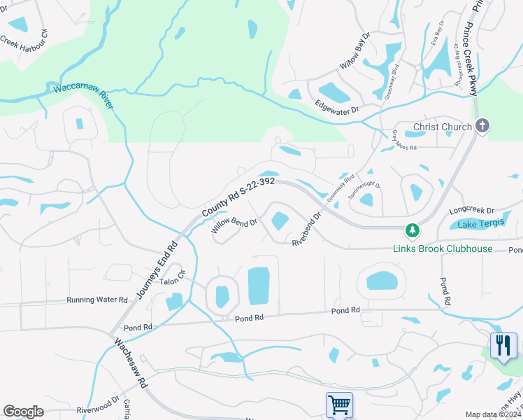 map of restaurants, bars, coffee shops, grocery stores, and more near 44 Bear Creek Loop in Murrells Inlet