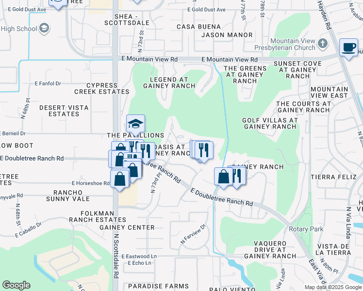 map of restaurants, bars, coffee shops, grocery stores, and more near 5244 East Gainey Ranch Road in Paradise Valley