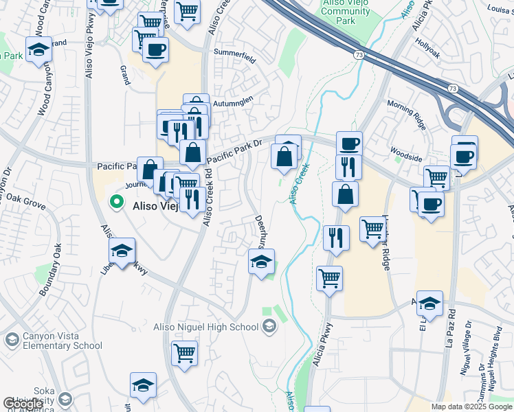 map of restaurants, bars, coffee shops, grocery stores, and more near 75 Hawaii Drive in Aliso Viejo