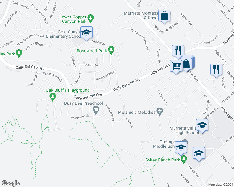 map of restaurants, bars, coffee shops, grocery stores, and more near 38017 Murrieta Creek Drive in Murrieta
