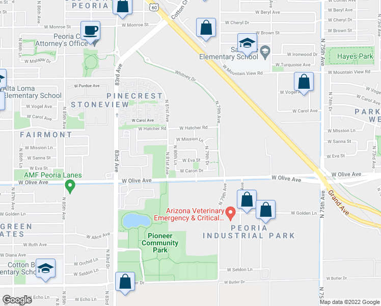 map of restaurants, bars, coffee shops, grocery stores, and more near 8027 West Sanna Street in Peoria
