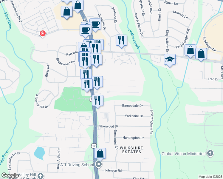 map of restaurants, bars, coffee shops, grocery stores, and more near 633 Georgetown Court in Jonesboro