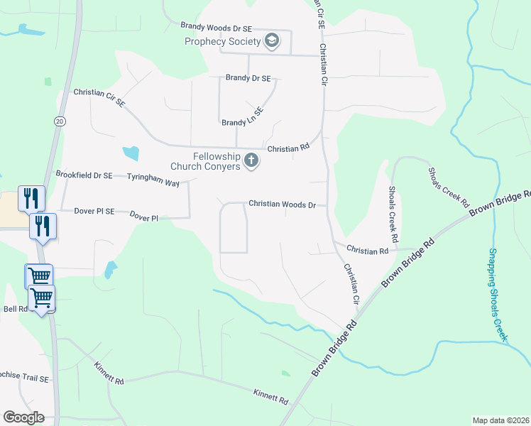 map of restaurants, bars, coffee shops, grocery stores, and more near 105 Christian Woods Drive in Conyers