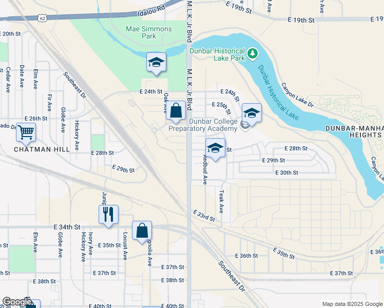 map of restaurants, bars, coffee shops, grocery stores, and more near 1520 East 28th Street in Lubbock