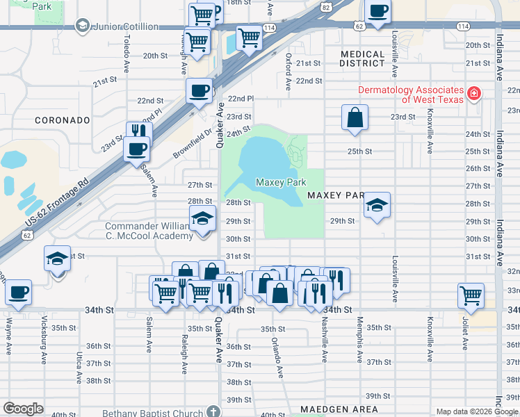 map of restaurants, bars, coffee shops, grocery stores, and more near 2803 Peoria Avenue in Lubbock