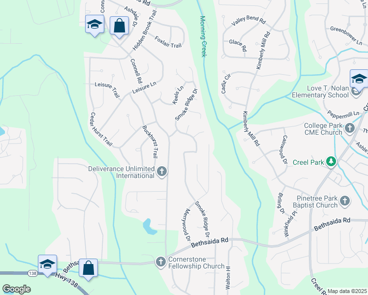 map of restaurants, bars, coffee shops, grocery stores, and more near 6875 Smoke Ridge Drive in College Park