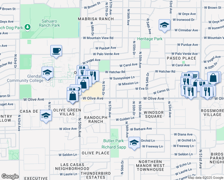 map of restaurants, bars, coffee shops, grocery stores, and more near 9101 North 57th Avenue in Glendale