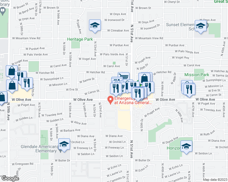 map of restaurants, bars, coffee shops, grocery stores, and more near 9030 North 51st Lane in Glendale