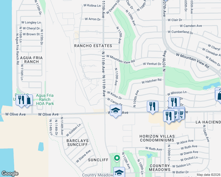 map of restaurants, bars, coffee shops, grocery stores, and more near 9239 North 111th Avenue in Sun City