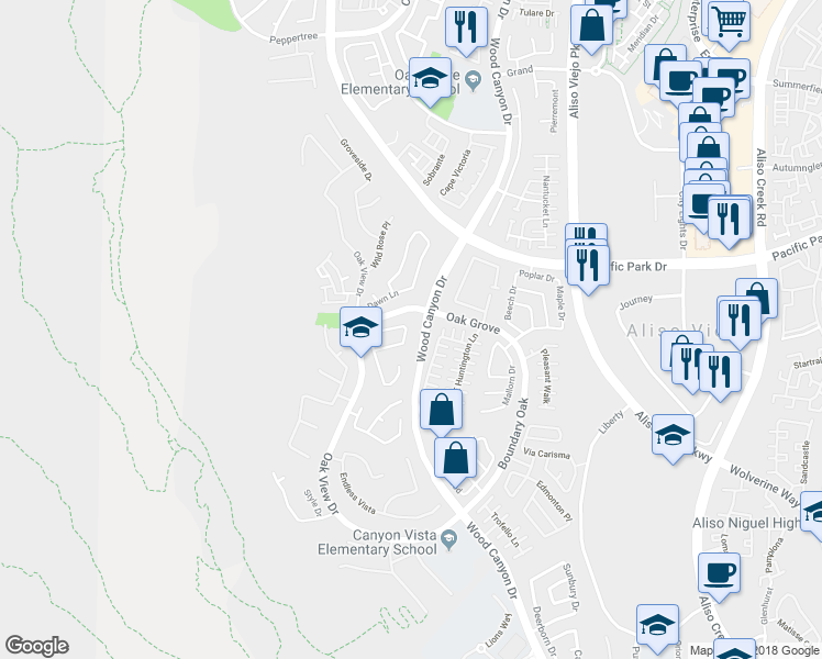 map of restaurants, bars, coffee shops, grocery stores, and more near 26 Country Walk Drive in Aliso Viejo